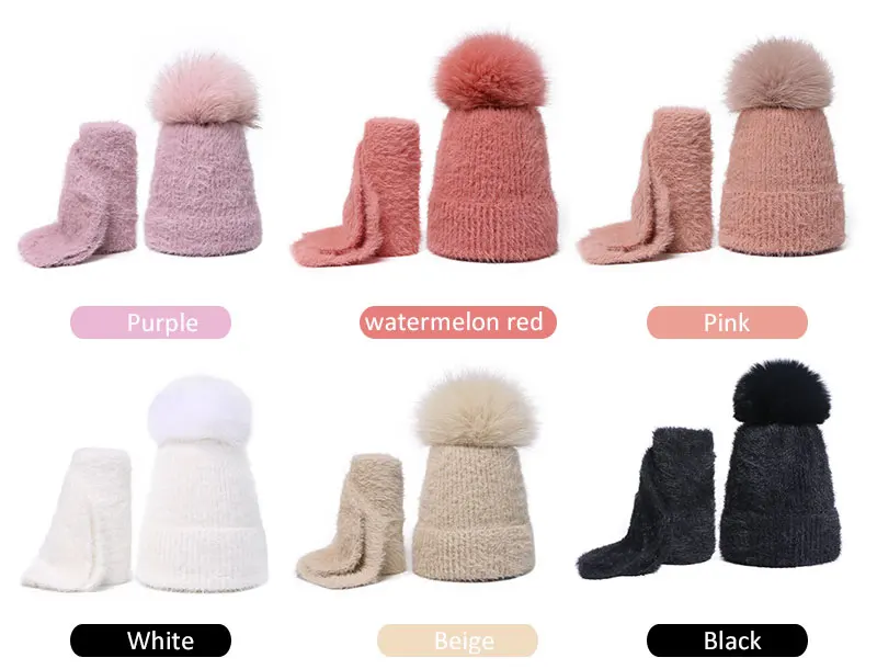 Scarf Set Real Fur Pom Pom Hat Children Winter Female Warm Wool Nature Fur Crochet Beanie Knitted Soft Solid Elasticity