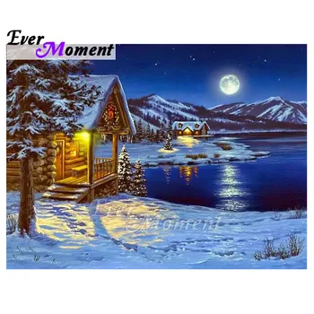 

Ever Moment Diamond Mural Painting Beautiful Winter Landscape House And Moon DIY Mosaic Diamond Embroidery 5D New Arrivals 5L426