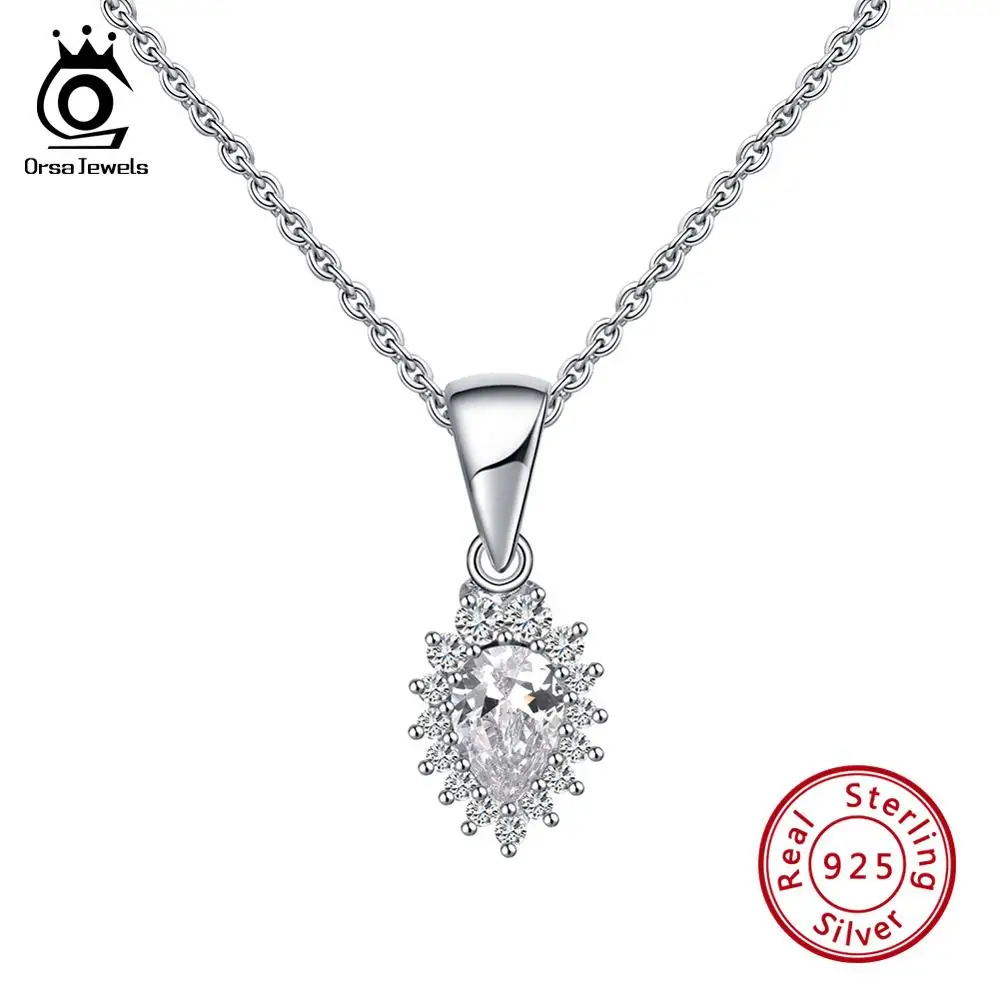 

ORSA JEWELS Authentic Women Water Drop Shape Pendant Necklace Silver Chain Fashion 925 Sterling Silver Necklaces Jewelry ASN111