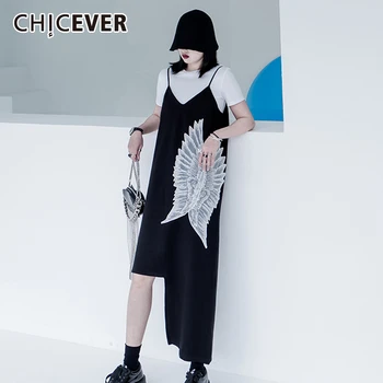 

CHICEVER 2020 Embroidery Hit Color Dress Female O Neck Sling Sleeveless Patchwork Asymmetric Loose Midi Dresses Women Fashion