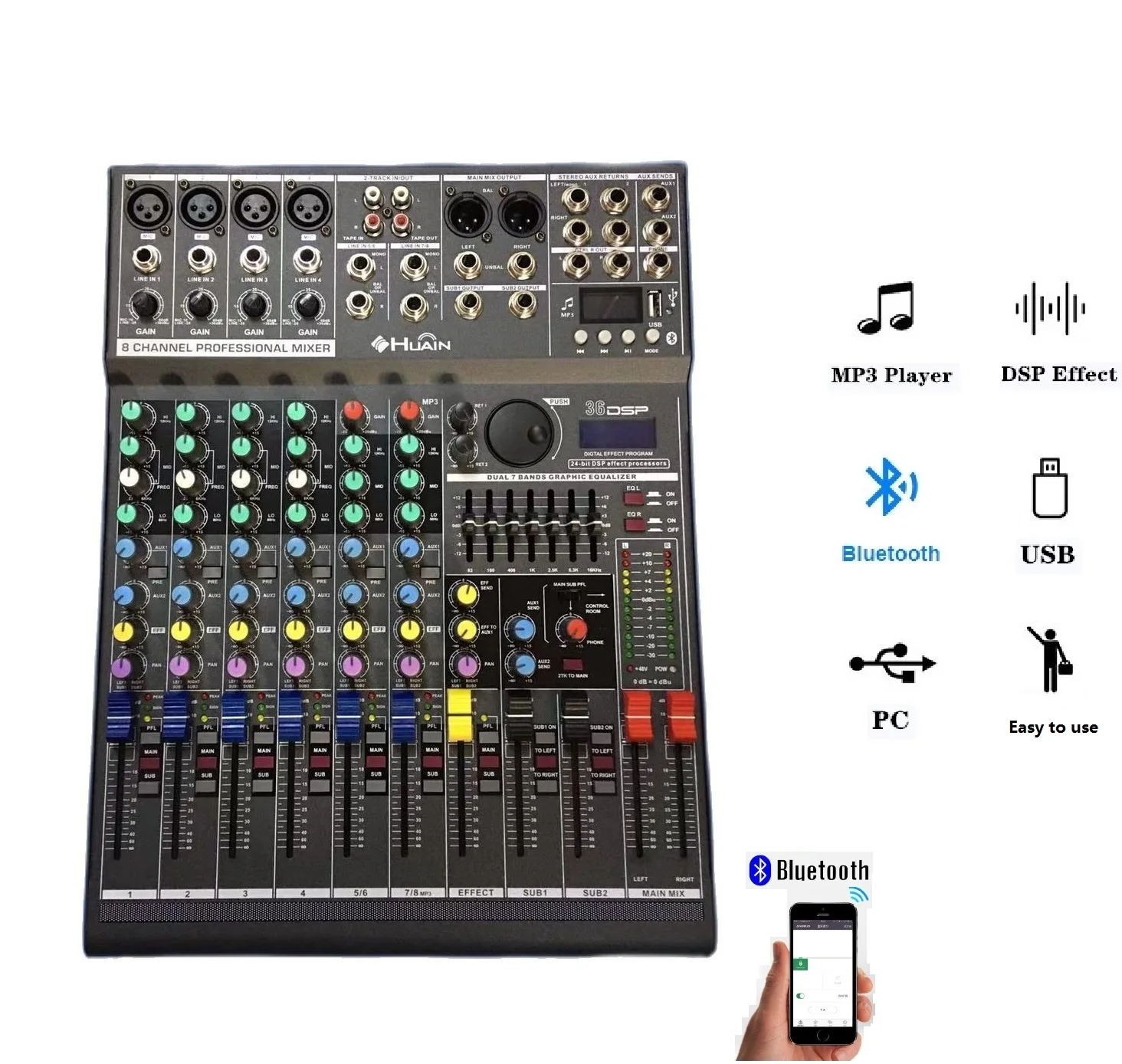 Professional Audio Mixer Mixing Console DJ Studio 48V Bluetooth 36DSP USB 8 Channel Dual 7Bands EQ 24Effect echo studio console