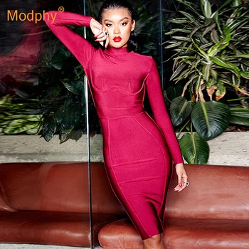 

2019 Women's New Bandage Dress Vestidos Long Sleeve Wine Red Club Dress Winter Costume Sexy Bodycon Evening Party Dress