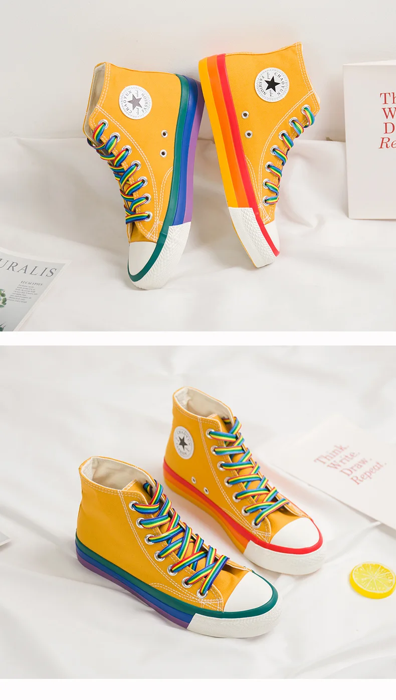 SWYIVY Rainbow Bottom Casual Shoes Woman High Top Sneakers Cavans 2020 Spring Female Casual Shoes White Canvas Sneakers Oman