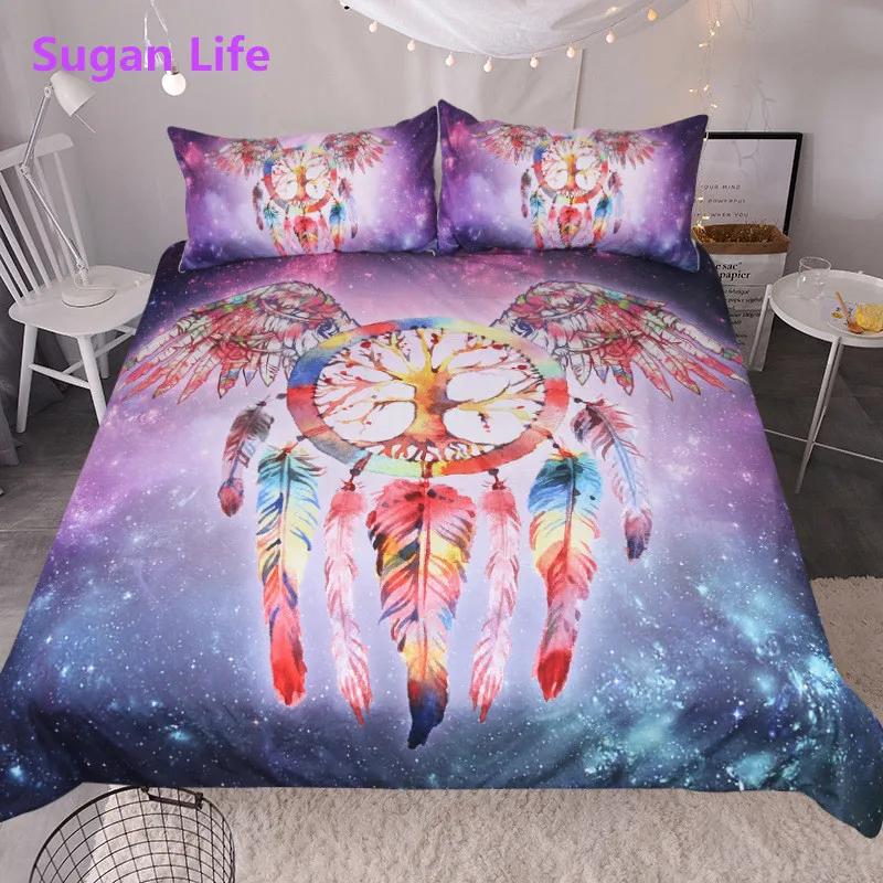 

Wings starry sky Quilt Cover Pillowcase Bedding Set Outer Space Interstellar Design 3Pcs Bedding Purple Luxury Satin Bedding
