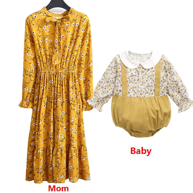 Family Matching Outfits Baby Mom Clothes Baby Flower Romper Women Chiffon Print Elegant Casual Dress Mother Daughter Clothes