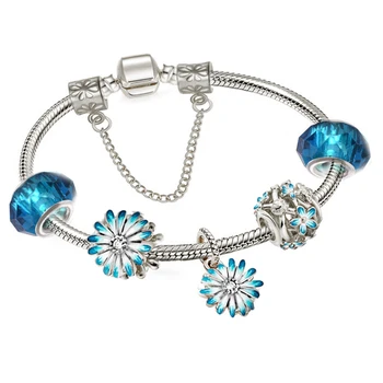 

2020 New Blue Elegant Snow Daisy flower Charms Bracelets For Women DIY Crystal Beads Fine Bangles Female Bracelet Jewelry Gifts