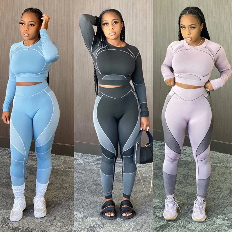 2021 Sportswear Casual Fitness Matching Sets Women Long Sleeve Workout Solid Color Tracksuits Fashion Top And Pants 2 Piece Set
