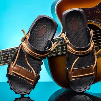 

man 2019 summer designer sandals mens fashion flat lightweight rope 39s slipper beach male leather closed toe shoes breathable