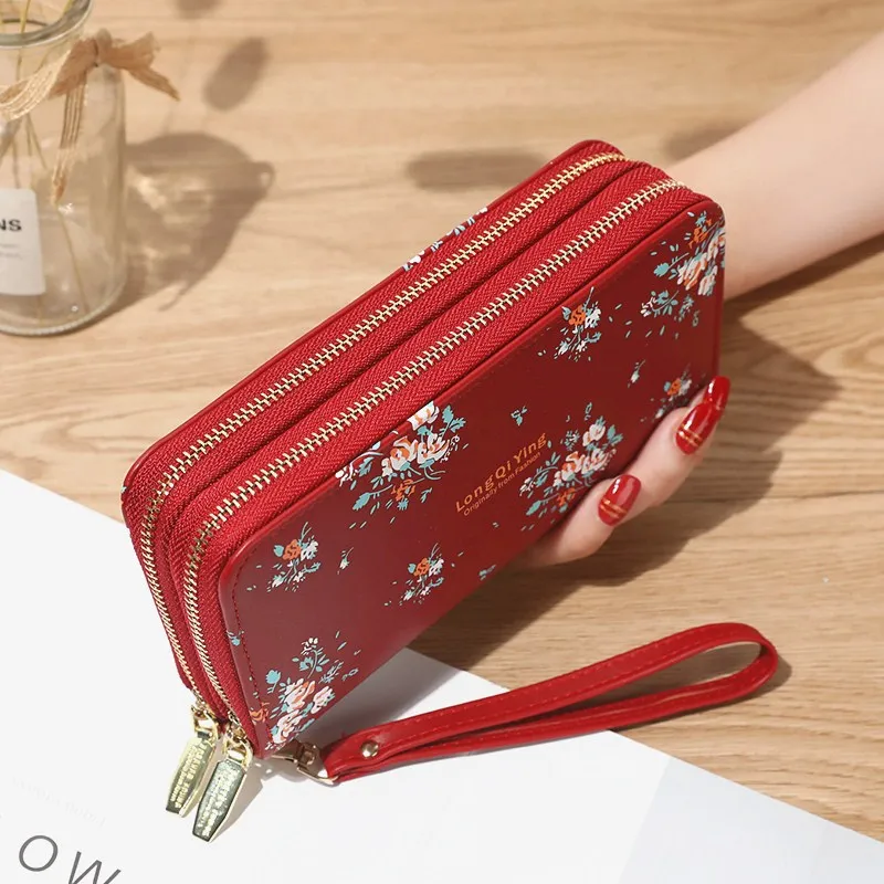 Women Double Zippers Wallets Lady Long Coin Purses Cards Holder Woman Handbags Billfold Wallet Burse Wristlet Flower Money Bags