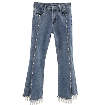 

Heavy industry beading bright tassel split denim micro-flared pants women 2020 new high waist ankle length jeans