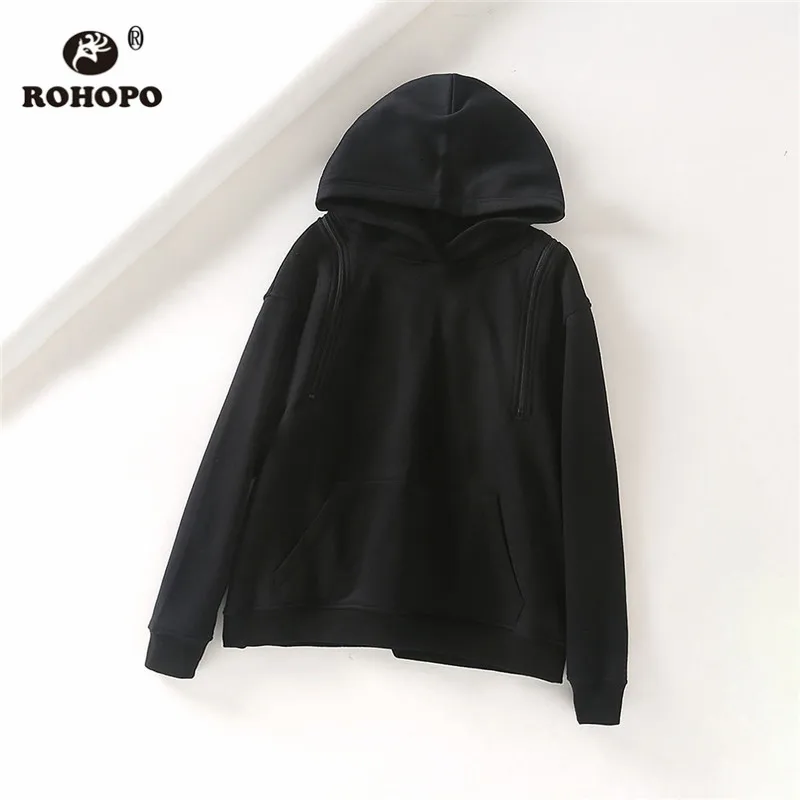 ROHOPO, с капюшоном, с воротником, толстый, однотонный, хлопок, уличная толстовка, на плече, на молнии, с застежкой, женская, осень, зима, толстовки#787 - Цвет: Черный