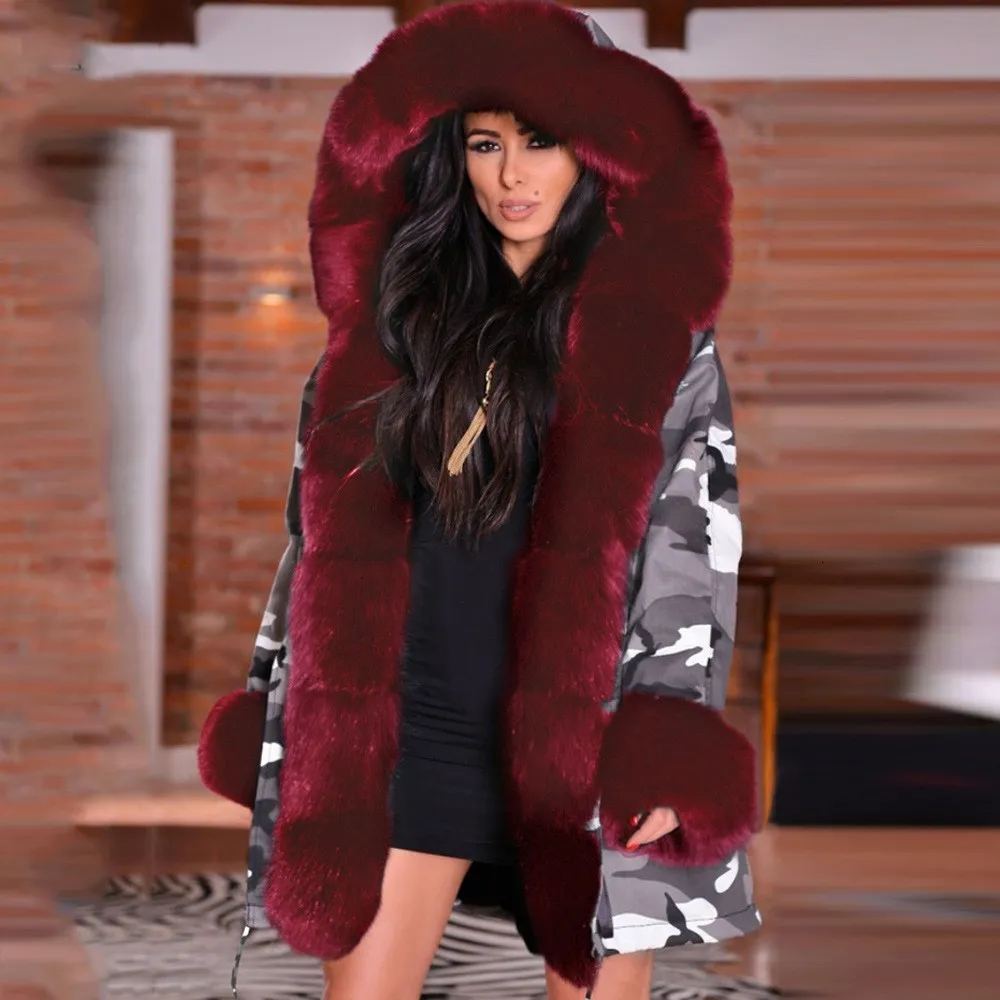 Зимняя женская длинная теплая Толстая парка, пальто, модная женская тонкая куртка из искусственного меха, камуфляжное пальто с капюшоном