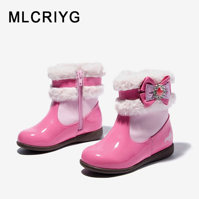 

Children Fur Princess Boots Kids Bow Mid Calf Boots Baby Girls Warm Brand Shoes Fashion Rhinestone Boots Party Soft Boots Winter
