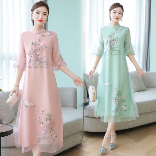 

2020 Summer Women Cheongsam Long Dresses Embroidery A-line Chinese Style Floral Embroidery Loose Designer Dress Plus Size Pink