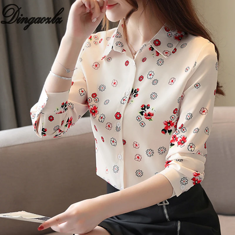  Dingaozlz 2019 new korean long sleeve chiffon blouse elegant female printed chiffon shirt women top