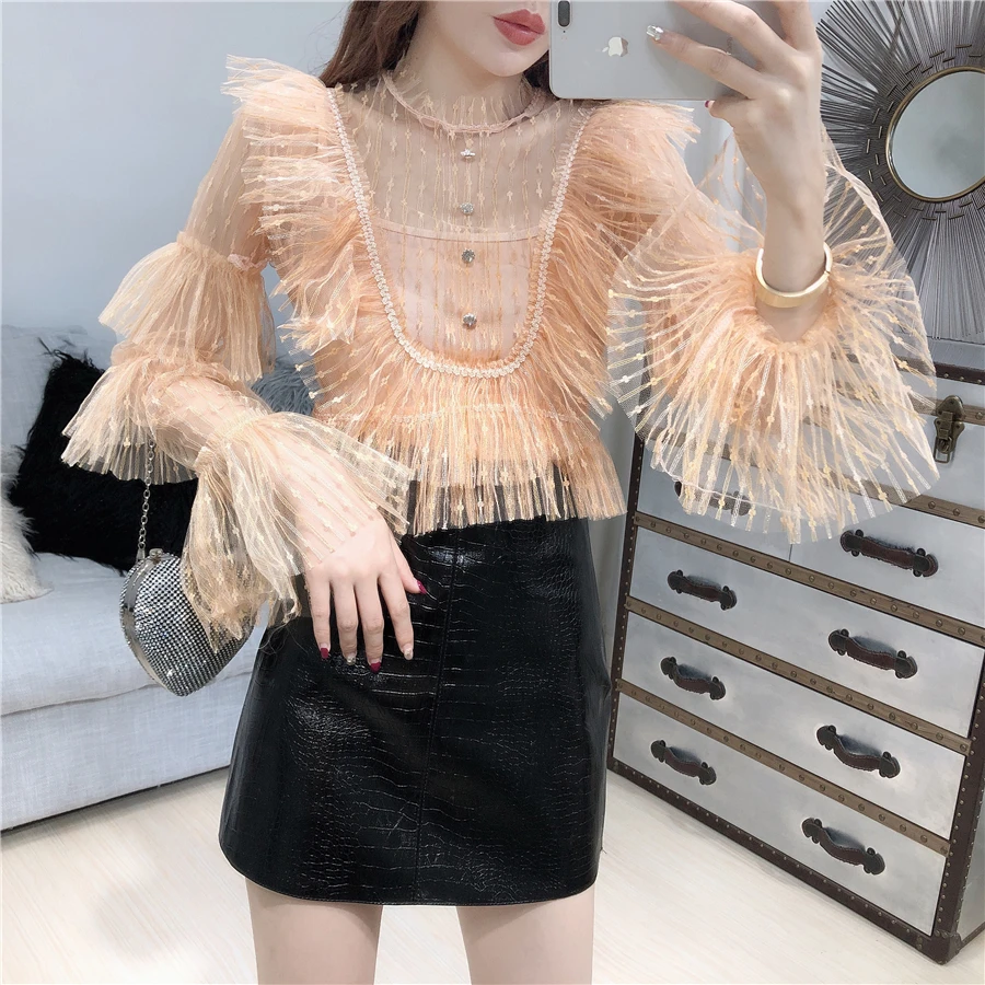 ALPHALMODA, сексуальная Женская куртка, новинка, супер-фея, рукав-колокол, шифоновая блузка, рубашка+ топ на бретельках, комплект из двух предметов