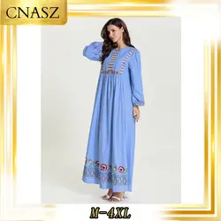 Мусульманское модное удобное осеннее женское голубое Полосатое вышитое арабское платье большого размера повседневное большое платье