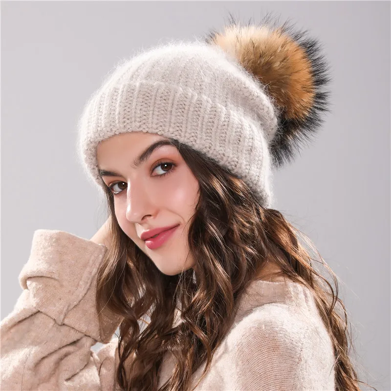 beige Xthree 70% ангольская вязаная шапка из кроличьего меха с натуральным мехом, шапка с помпоном Skullie beanie, зимняя женская шапка, женская шапка - Цвет: beige