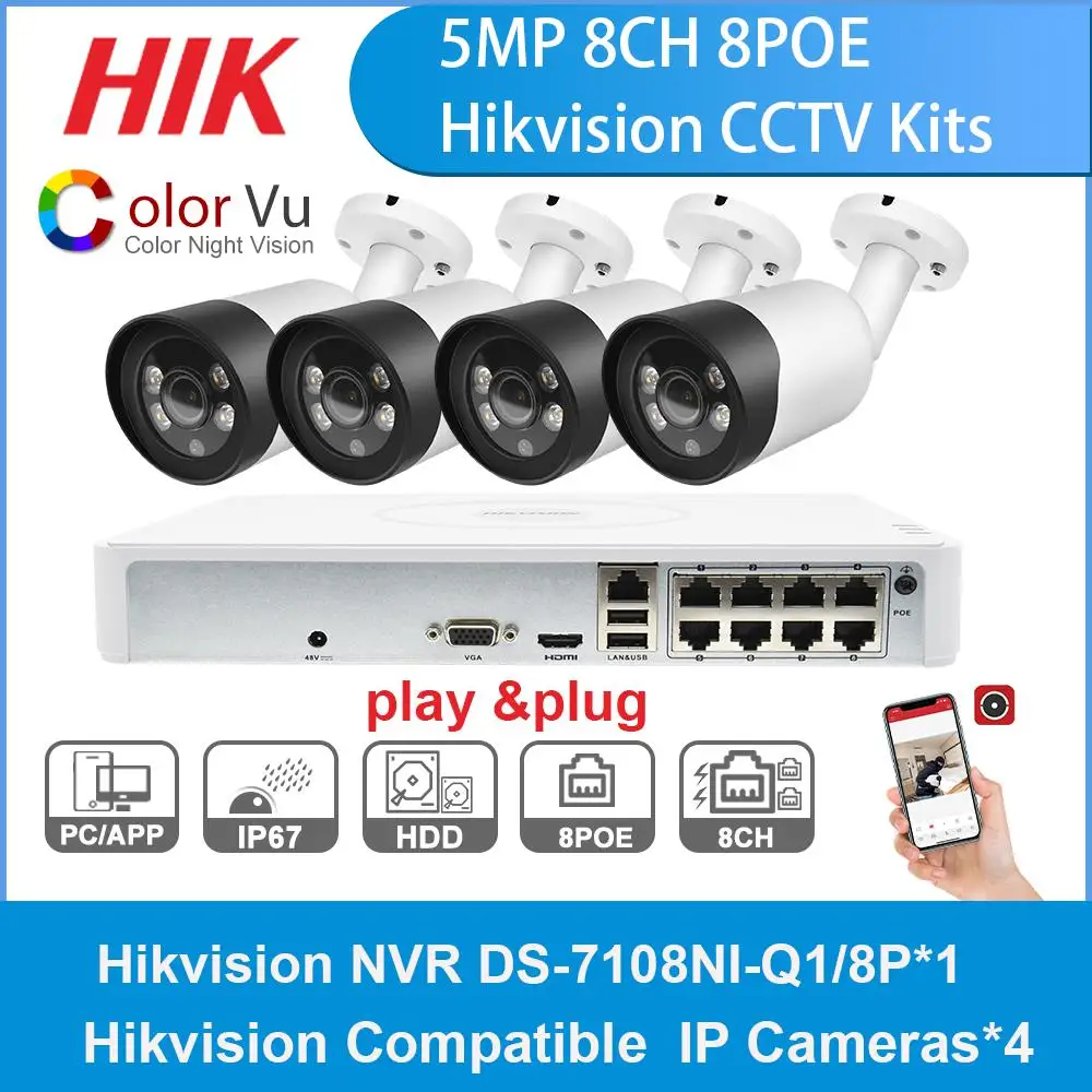 Hikvision 8CH 8 + 4 kit 5MP ColorVu POE NVR CCTV Kit Аудио Обнаружение движения IP камера
