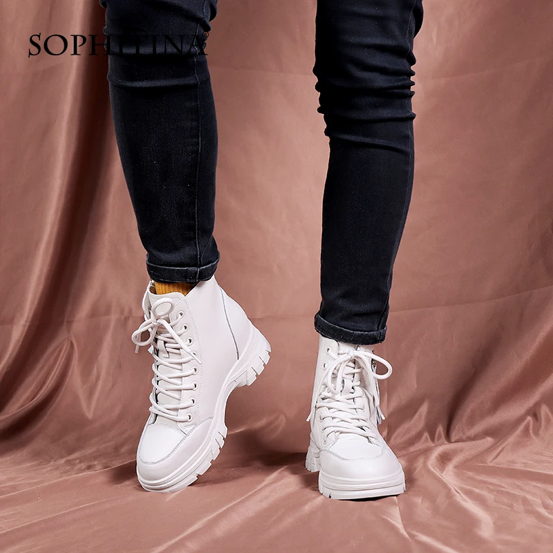 SOPHITINA Women's Shoes Winter Leisure Sport Genuine Leather Ankle Boots Round Toe Zipper Lace-Up Comfortable Women Boots WZ02