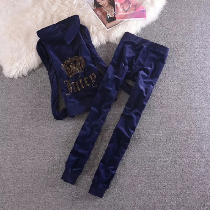2021 Women's Elegant Velvet Tracksuit Two Piece Set Women Sexy Hooded Long Sleeve Top And Pants Bodysuit Suit 3