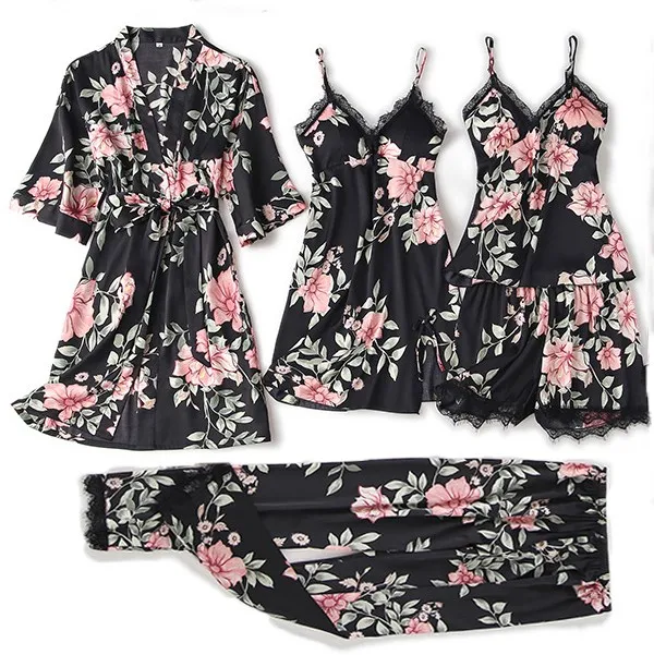 Одежда для сна женщин 5 шт. халат шелковистой кимоно платье интимное белье мягкая