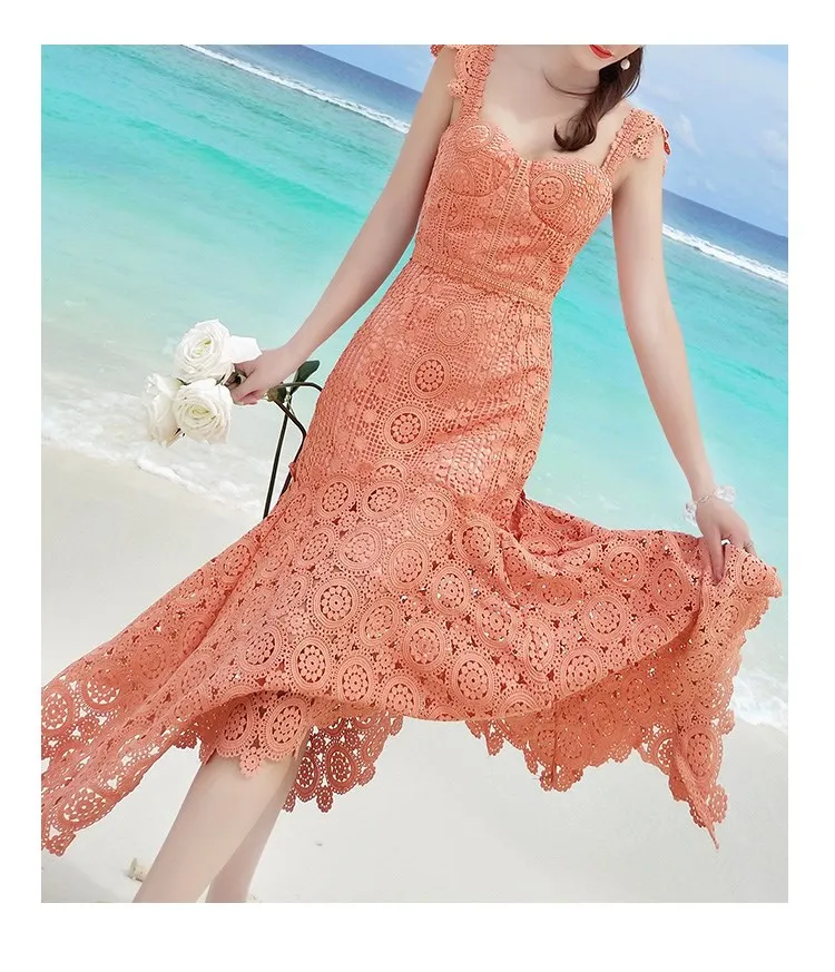 

Fashion Nice Summer Women Orange Hollow Out Mermaid Dress Strapless Asymmetric Ruffles Casual Dress High Waist Lace Dress