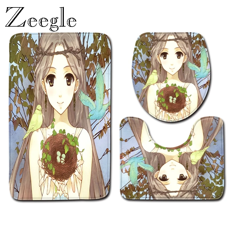 Zeegle Cartoon Bath Mat Set Bathroom Absorption Mat Pedestal Rug Lid Toilet Cover Toilet Entrance Mat Non-slip Toilet Floor Rug