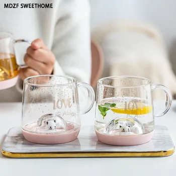 

570ml Crystal Ball Cartoon Cat Glass Mug Set Milk Coffee Juice Mug Silicone Bottom Water Cup With Spoon Household Drinkware Tool