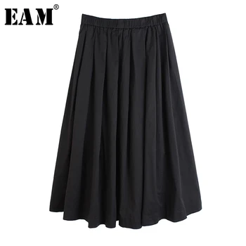 

[EAM] High Elastic Waist Black Drawstring Pleated Temperament Half-body Skirt Women Fashion Tide New Spring Autumn 2020 1U109