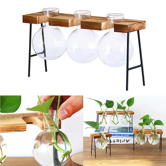 Hidroponikus Üveg Ültetvények Vázák Átlátszó Mini Otthoni Növényi Edények B88 Fa Kerettel