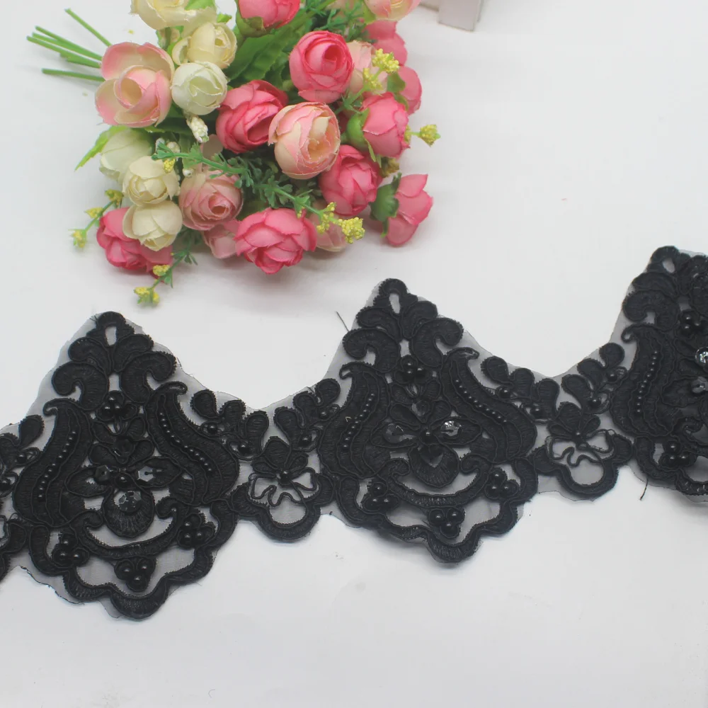 Kaufen Perlen Blume Spitze 3D Pailletten Hochzeit Spitze 2 Yds Lot Gold Bestickt Trimmt Scalloped Spitze Applique Blume Grenze 11CM