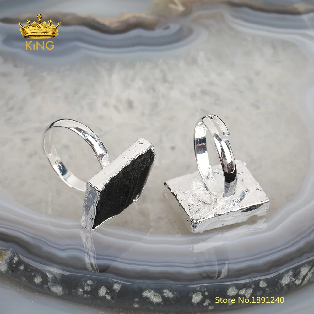 5 шт. черные турмалиновые серебряные кольца ювелирные изделия, прямоугольные рок турмалиновые бусины Регулируемые кольца, натуральный турмалин массивные кольца