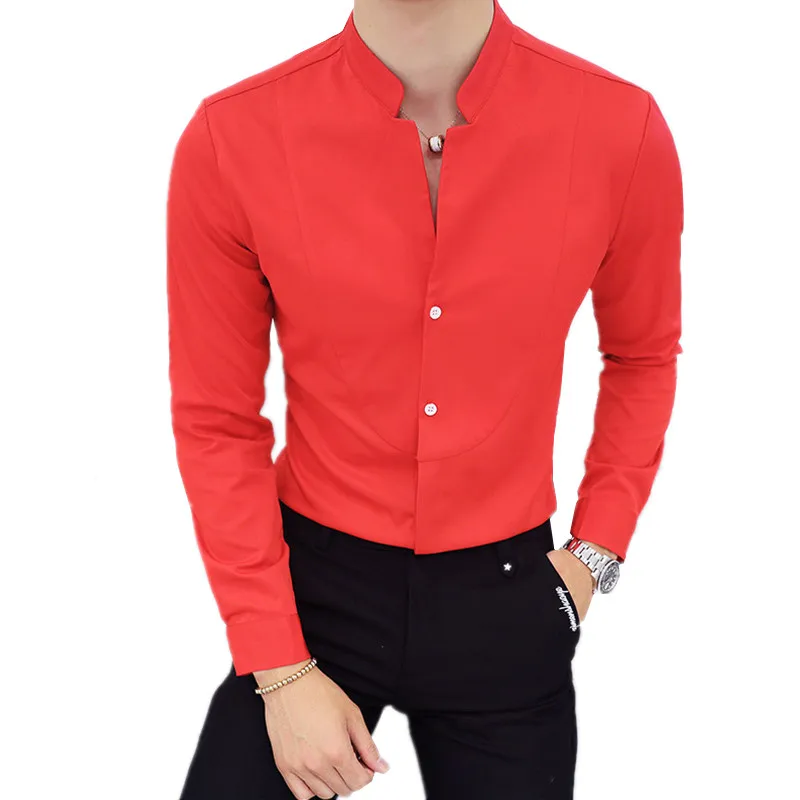 Новые осенние мужские рубашки с длинным рукавом красный Белый Черный Camisa мода Slim