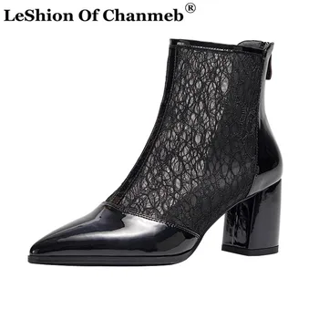 

Quality Genuine Leather Boots Women Mesh Lace Net Spring Autumn Ankle Boot Shoes Woman Ladies Thick High Heels Point Toe Booties