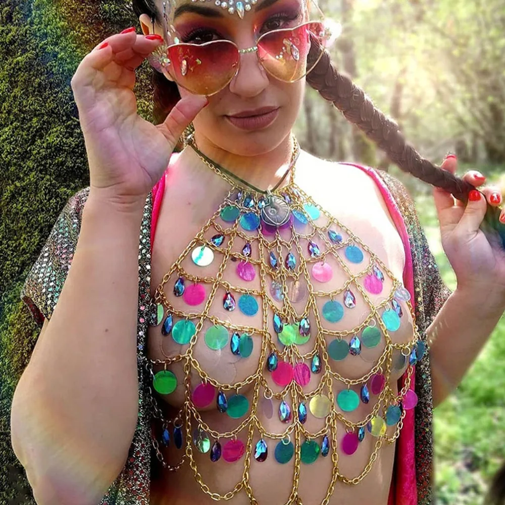 Модный бюстгальтер Boho Ожерелье Блестки Кристалл красочный фестиваль бикини цепь тела металлический бандаж ювелирные изделия для женщин плюс Регулируемая обвязка
