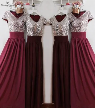 

Sparkly Burgundy Bridesmaid Dresses with Sleeves Sequins V-Neck Floor Length Long Maid Of Honor Dress Wedding Guest Gowns
