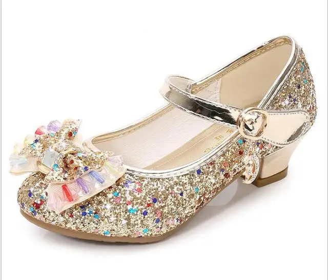 Детская кожаная обувь принцессы для девочек; Повседневная блестящая детская обувь на высоком каблуке с бантом-бабочкой; цвет синий, розовый, серебристый - Цвет: Gold