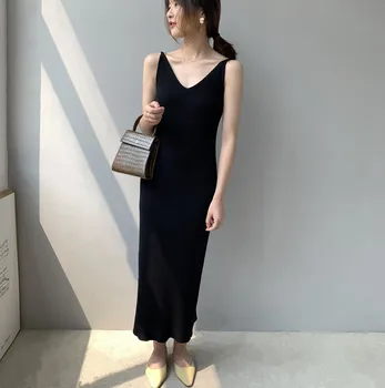 

Aulead 2020 Spring Autumn Women Vest Dress Korean Knitting Bottoming Suspender Sweater Dress Solid Sleeveless V-Neck Tank Dress