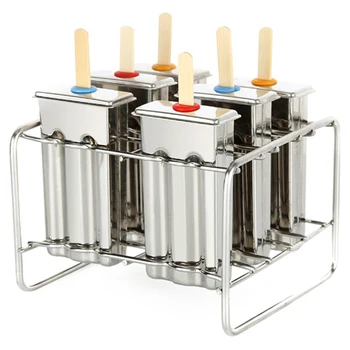 

6Pcs Ice Cream Molds Ice Cubes And Popsicle Maker Mould Tools With Flat Double Groove And Stainless Steel Shelf