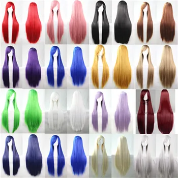 Parrucche sintetiche per capelli per donna Parrucca cosplay Parrucca lunga diritta viola chiaro da 80 cm con frangia Rosa Rosso Blu Biondo Marrone Nero Verde