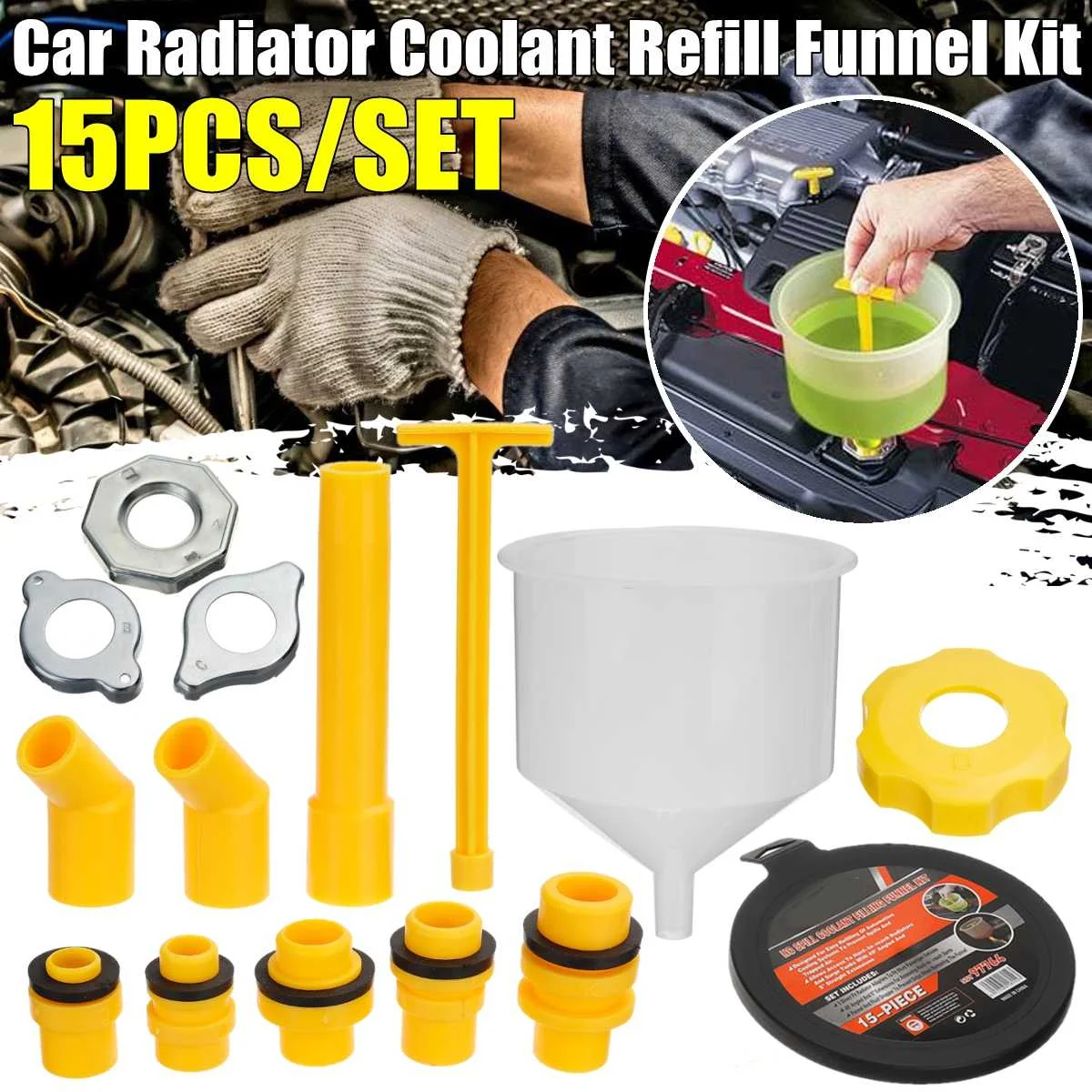 15PCS Car Spill Proof Radiator Coolant Refill Filling Funnel Kit Spill