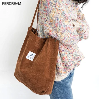 

Korean version of corduroy snap button canvas handbags large capacity art and versatile shoulder bag