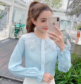 

Fashion Bow Shirt Women's Long Sleeve Spring 2020 New Autumn Blouses Shirt Chiffon Shirt Elegant White Embroidery Shirt 931H