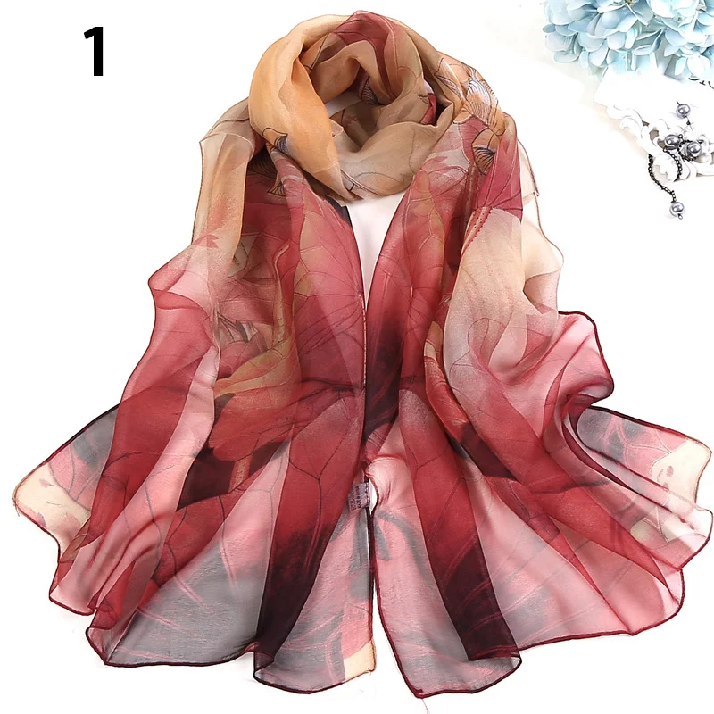 Women Scarf Summer Lotus Sunscreen Seaside Beach Thin Yarn Ink Painting Flower Plum Bossom