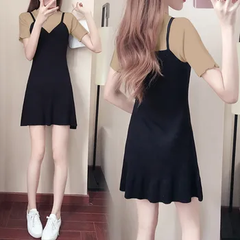 

Fake Two Piece Office Lady Dress Straight Patchwork O-Neck Summer Dress Short Sleeve Business Korean Style Mini Dress #35