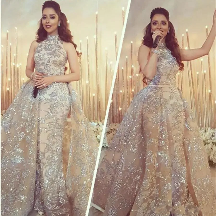 

Elegant Long Evening Dress 2019 Mermaid High Neck Sleeveless Sparkly Glitter Saudi Arabia Formal Prom Party Gown Robe De Soiree