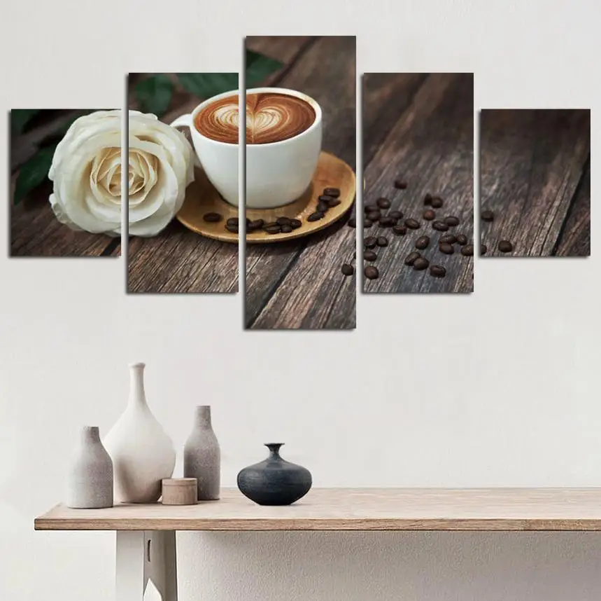 

Canvas Pictures Living Room Wall Art 5 Pcs Coffee Cup And Rose Paintings HD Printed Modular Poster Kitchen Home Decor(No Frame)