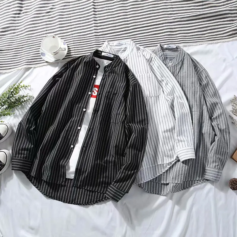 2020 Men Oversized Cotton Striped Blouse Shirt Long Sleeve Single Breasted Vintage T Homme Couple Korean Harajuku Clothing | Мужская