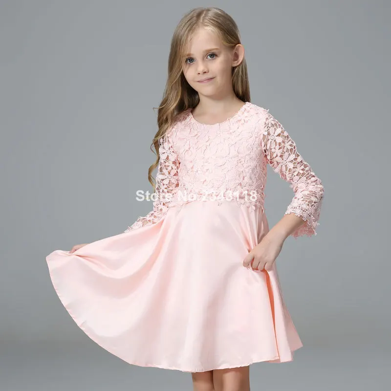 

Spring Autumn Girls' Dress With Puffy Lace Pink Color Dresses For Children's Dress 3-12 Ages